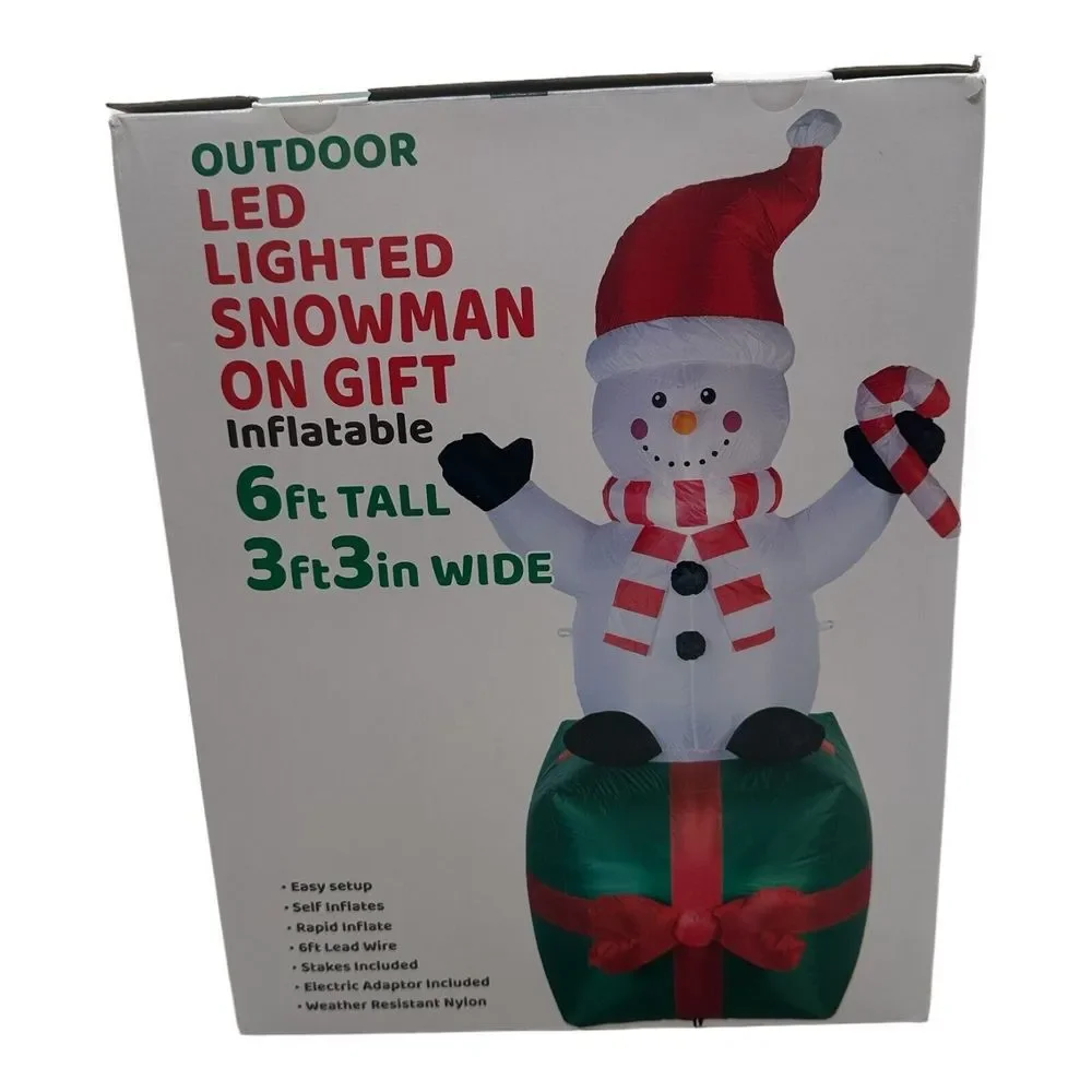 6 FT Christmas Inflatable Snowman on Gift Present‎ Red Santa Hat LED Lighted NEW